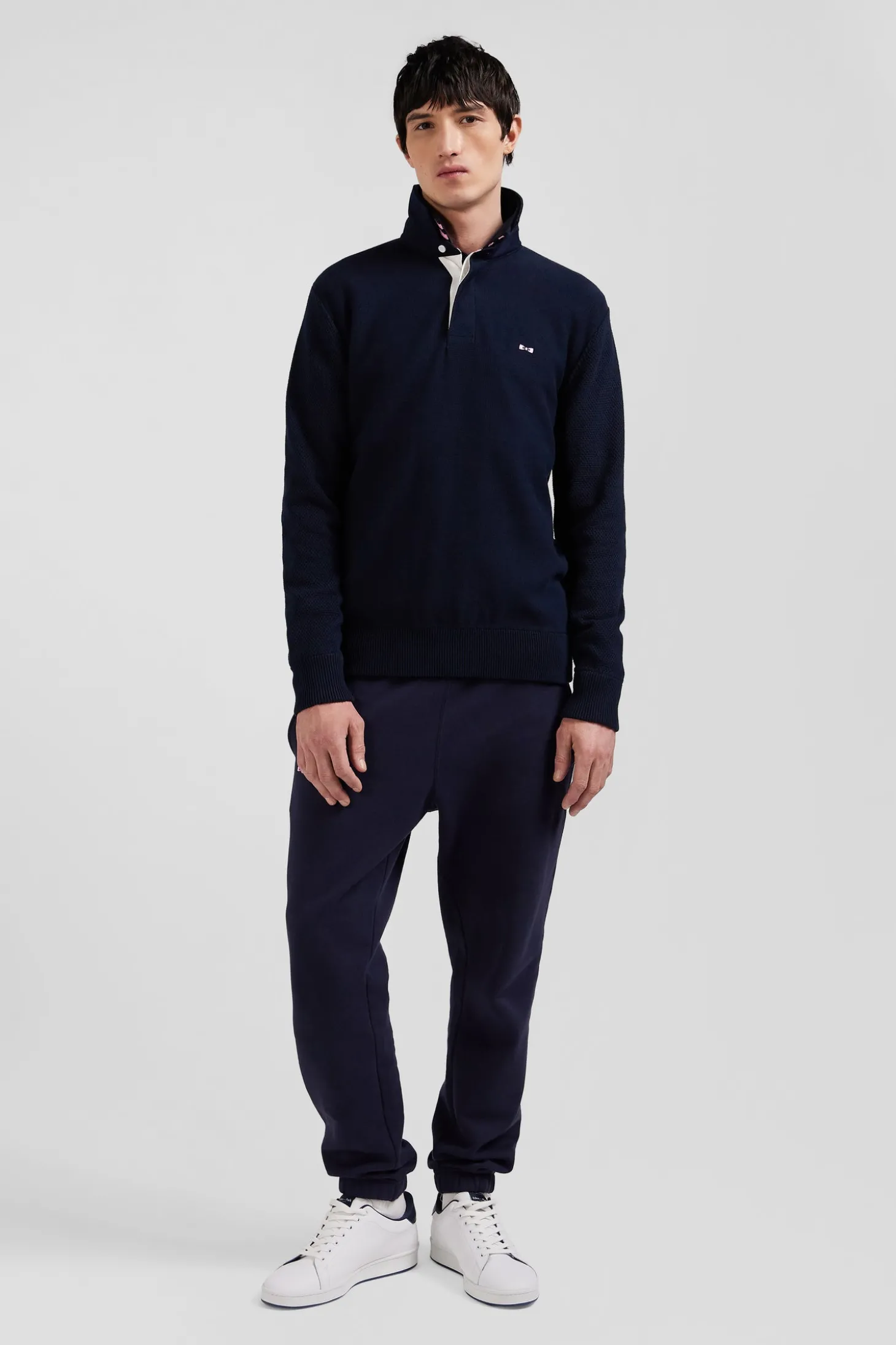 Pull col maillot en coton bleu marine coupe Regular broderie 10