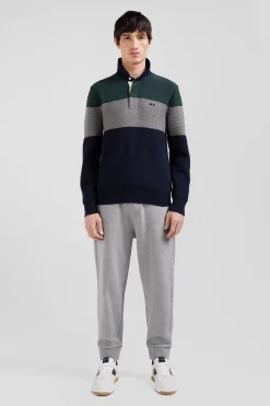 Pull col maillot en coton vert à jeux de maille coupe Regular