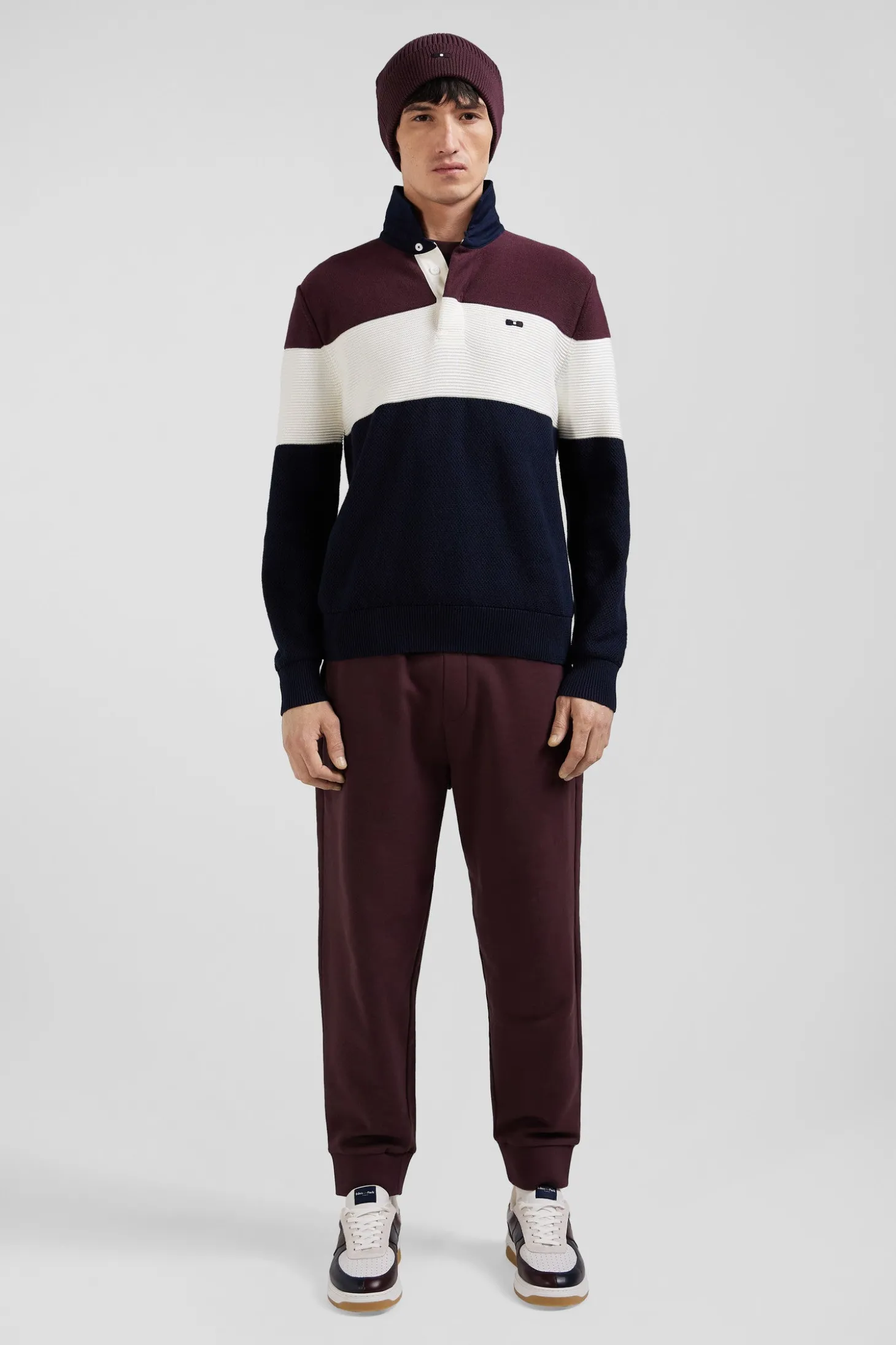 Pull col maillot en coton bordeaux à jeux de maille coupe Regular