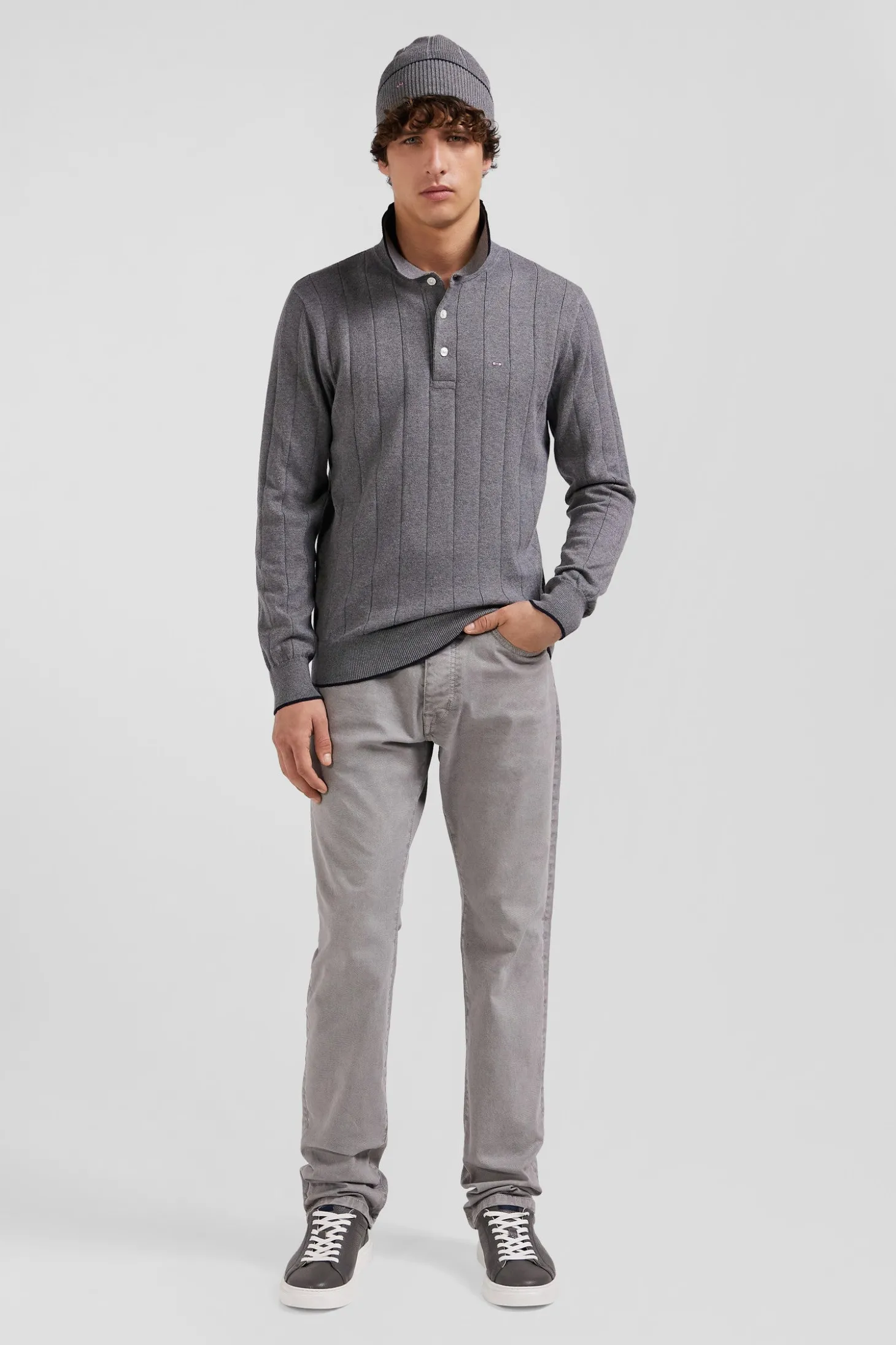 Pull col maillot en coton et cachemire gris coupe Regular