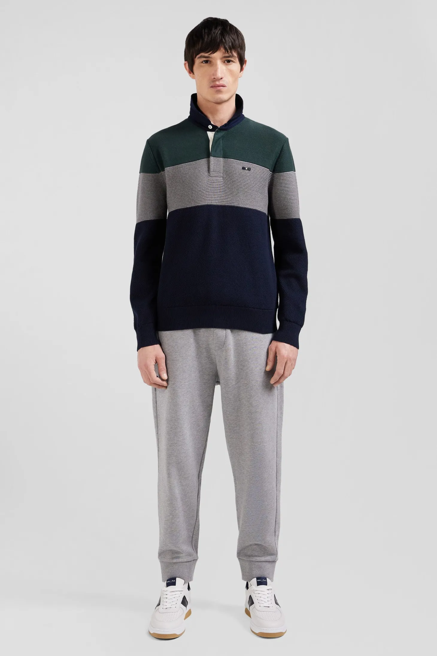 Pull col maillot en coton vert à jeux de maille coupe Regular