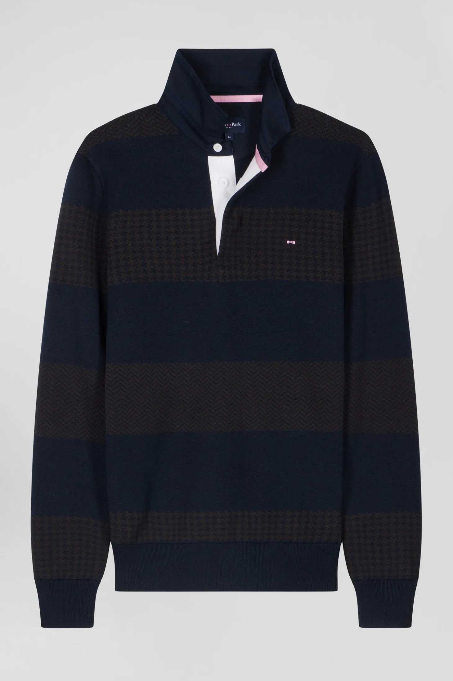 Pull col maillot en coton marron cerclé coupe Regular jacquard pied-de-poule