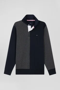Pull col maillot en coton bleu marine coupe Regular jacquard pied-de-poule