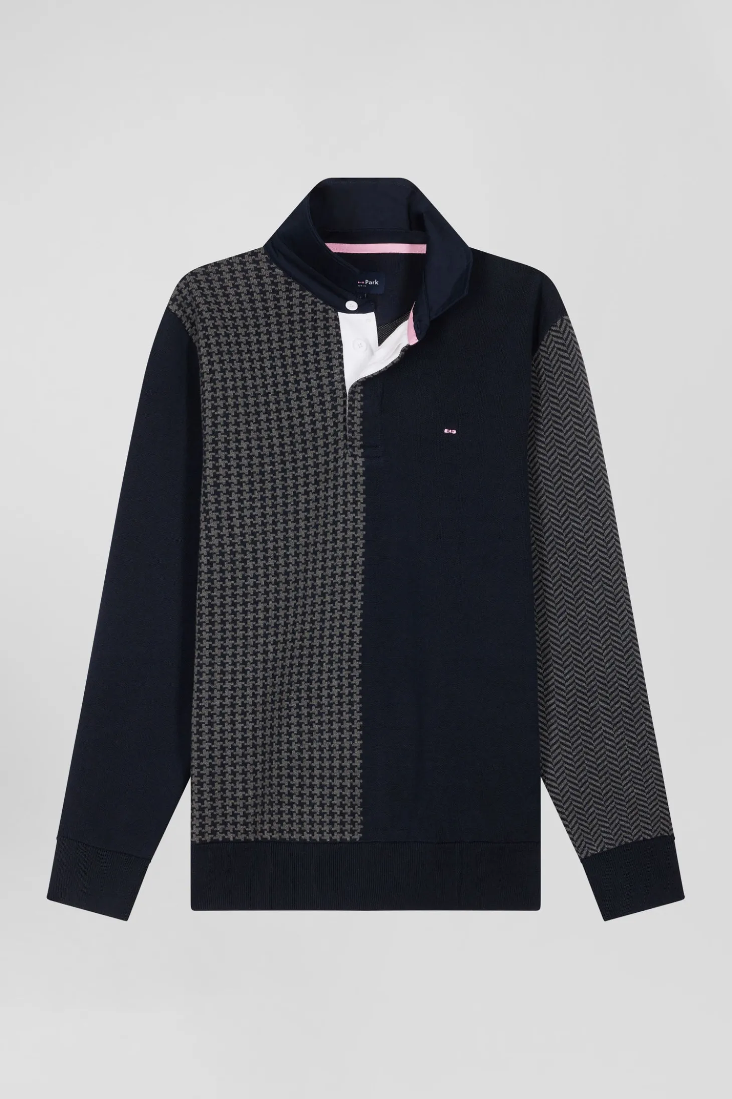 Pull col maillot en coton bleu marine coupe Regular jacquard pied-de-poule