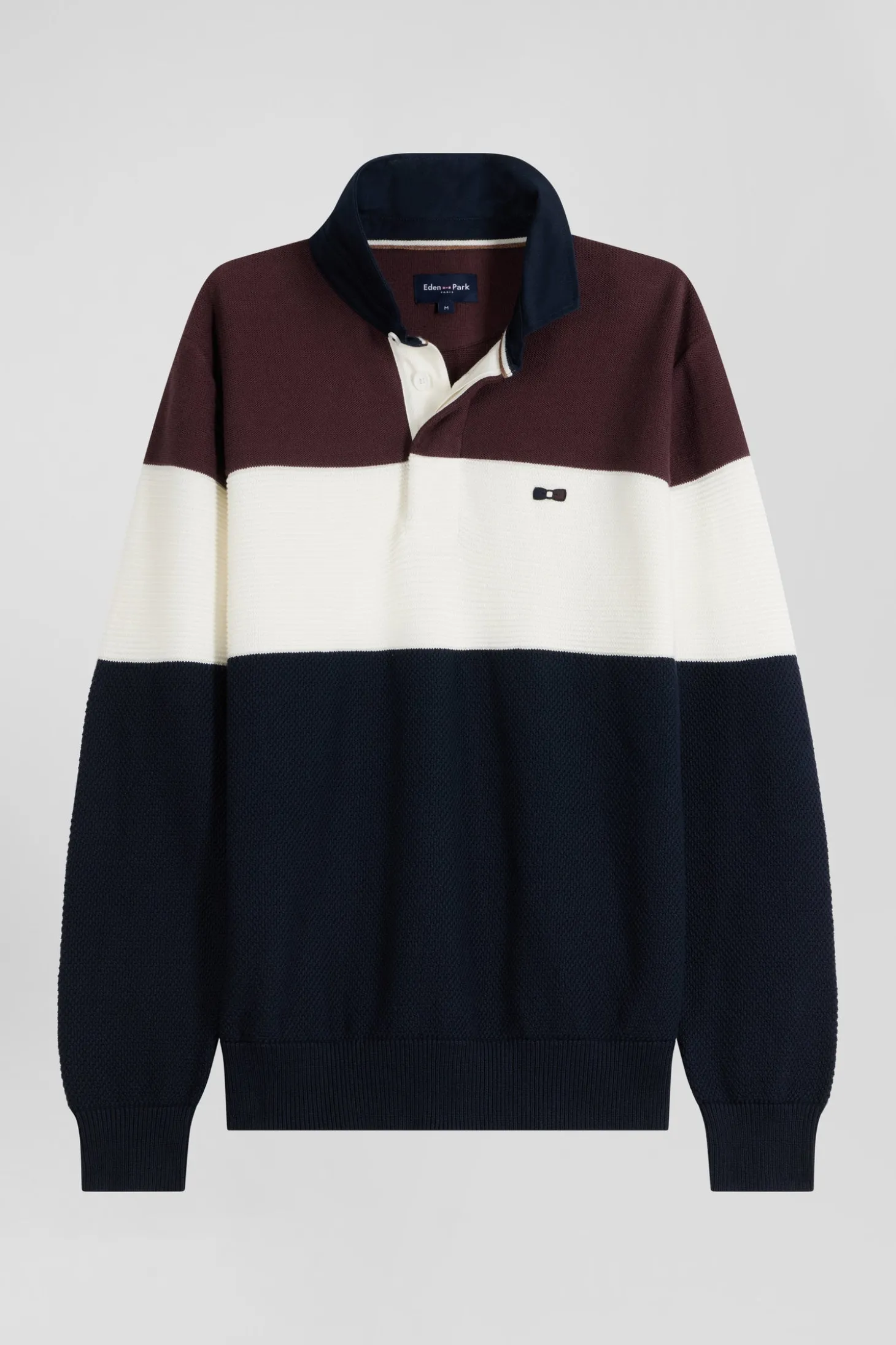 Pull col maillot en coton bordeaux à jeux de maille coupe Regular