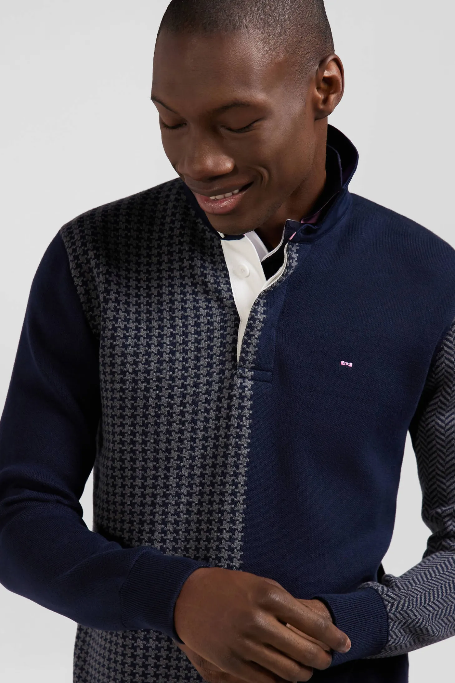Pull col maillot en coton bleu marine coupe Regular jacquard pied-de-poule
