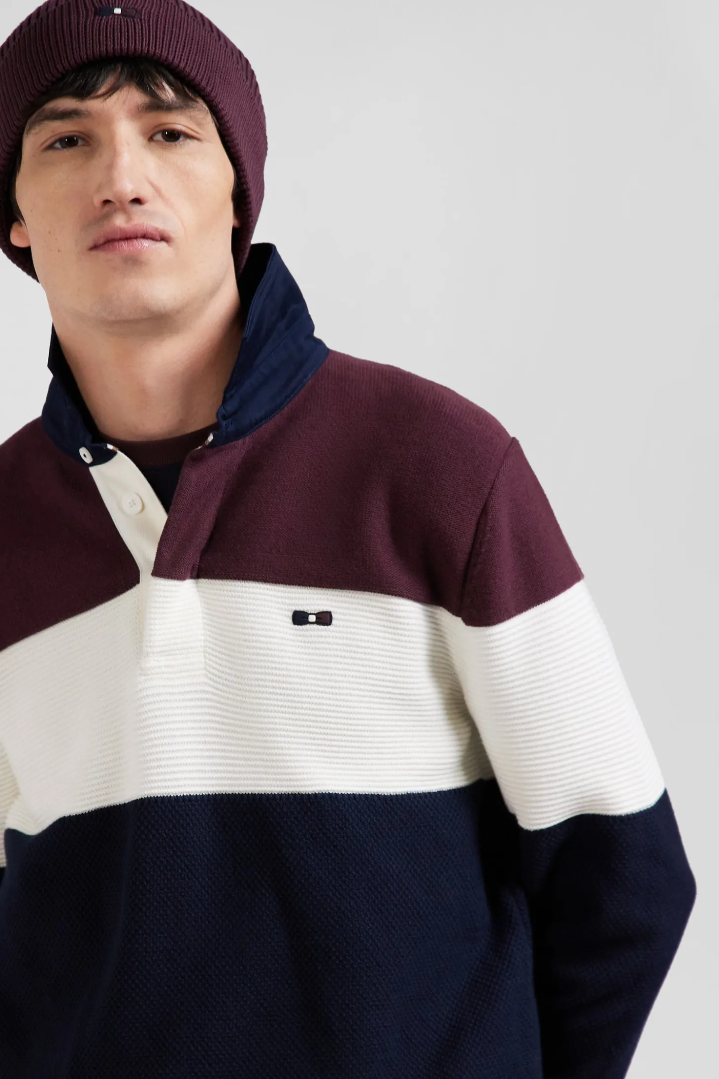 Pull col maillot en coton bordeaux à jeux de maille coupe Regular