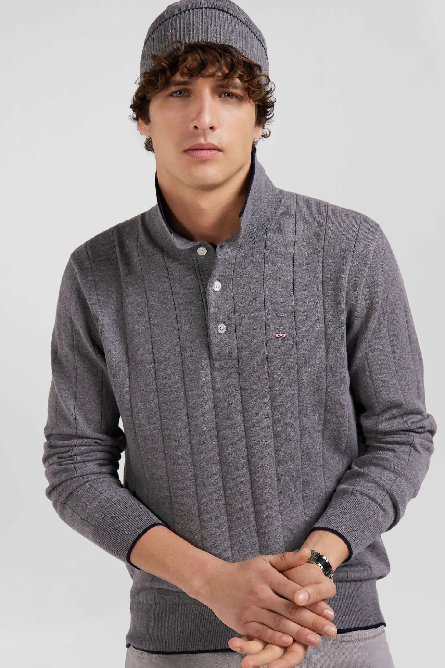 Pull col maillot en coton et cachemire gris coupe Regular