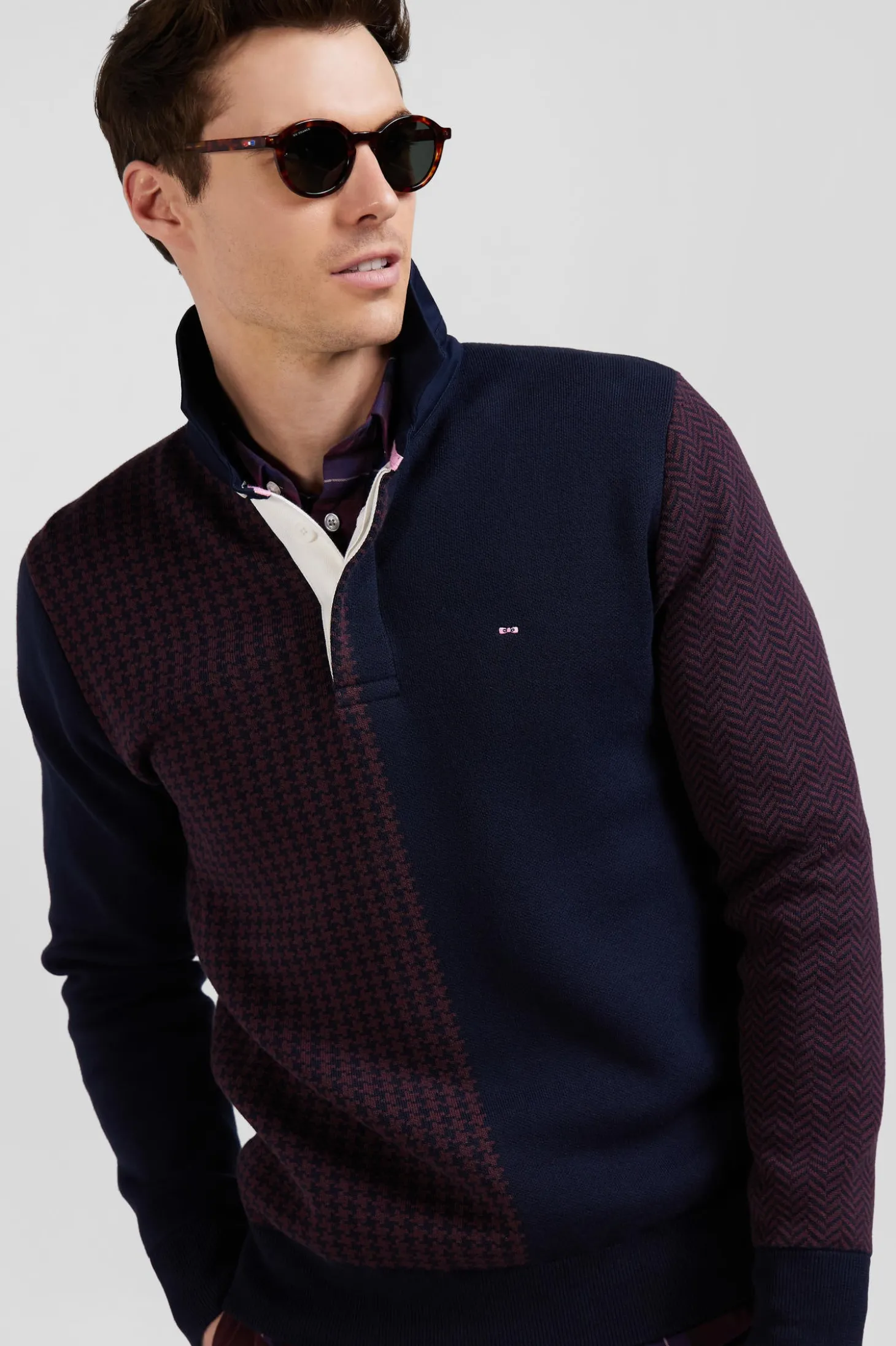 Pull col maillot en coton bordeaux coupe Regular jacquard pied-de-poule