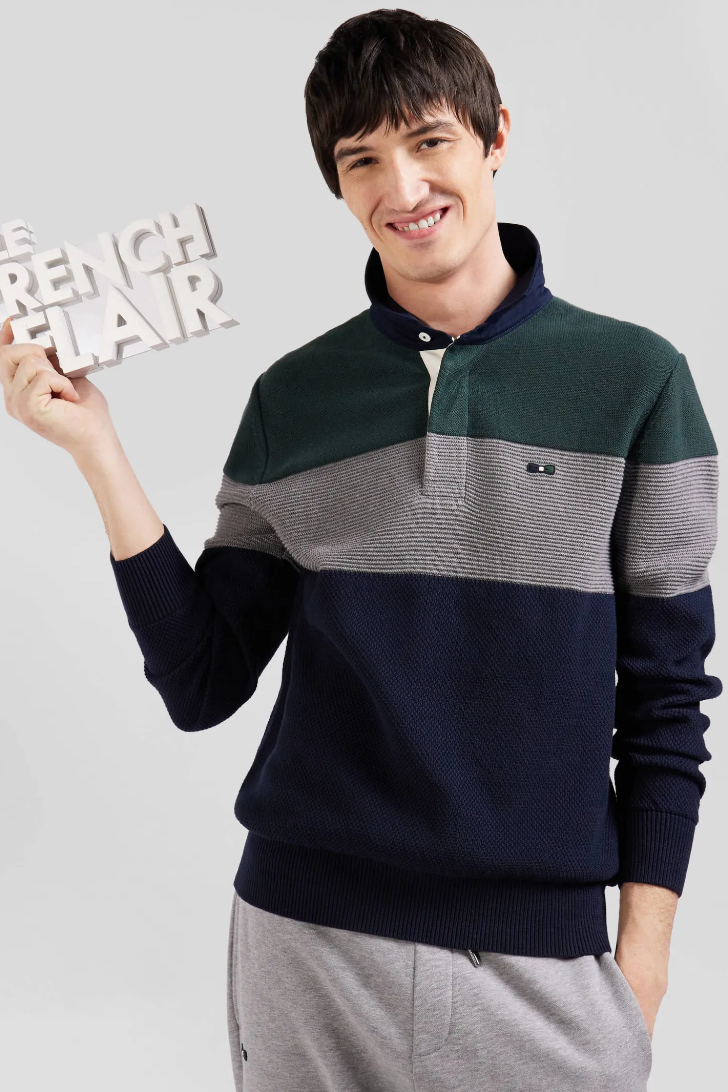 Pull col maillot en coton vert à jeux de maille coupe Regular