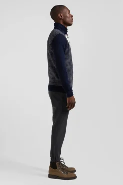 Pull col maillot en coton bleu marine coupe Regular jacquard pied-de-poule