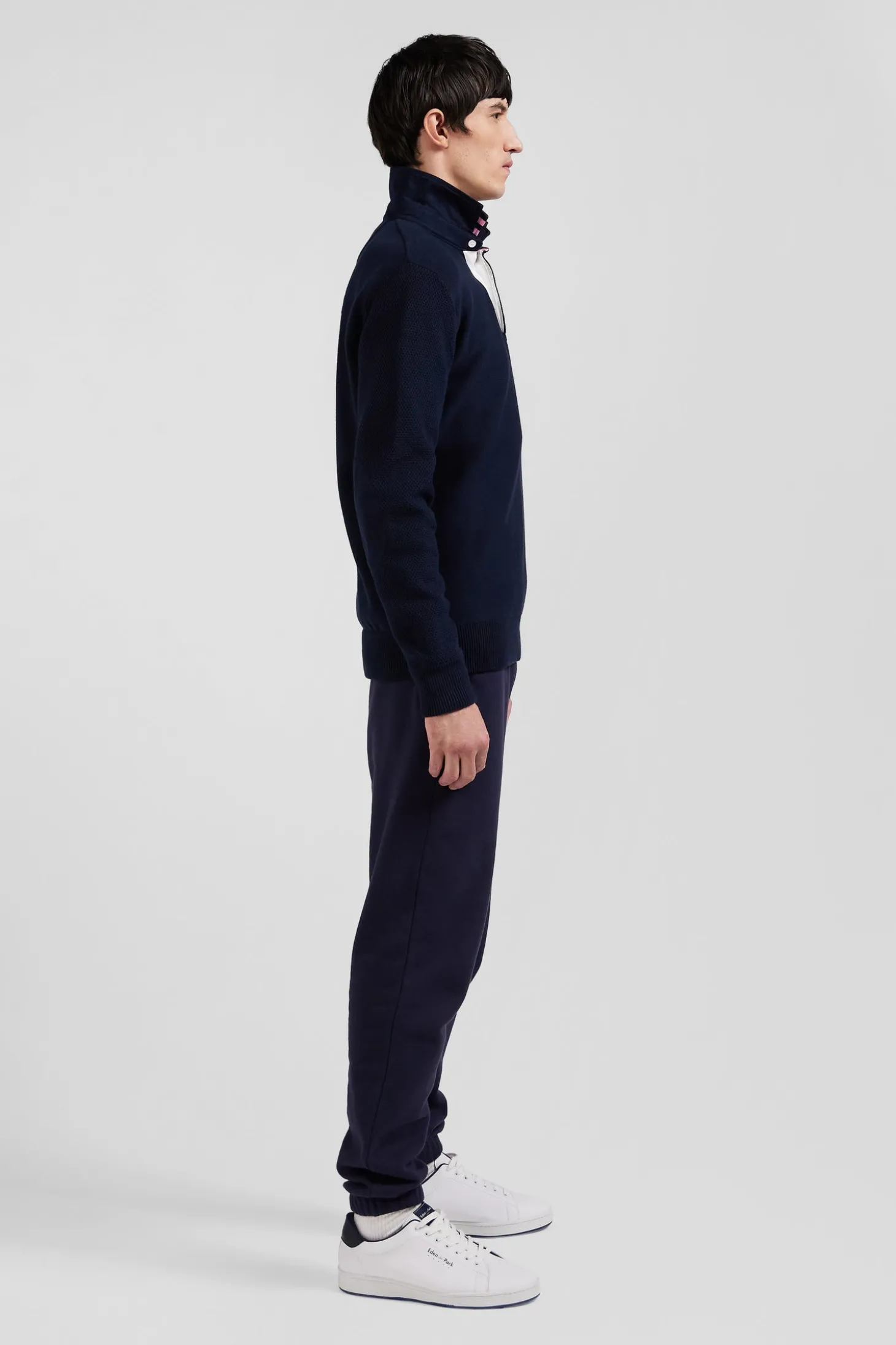 Pull col maillot en coton bleu marine coupe Regular broderie 10