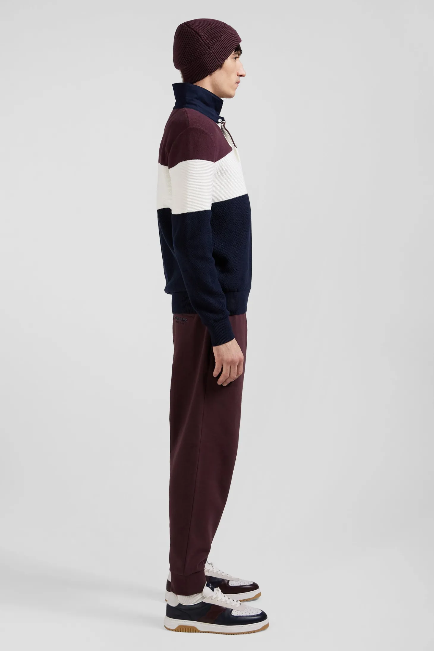 Pull col maillot en coton bordeaux à jeux de maille coupe Regular