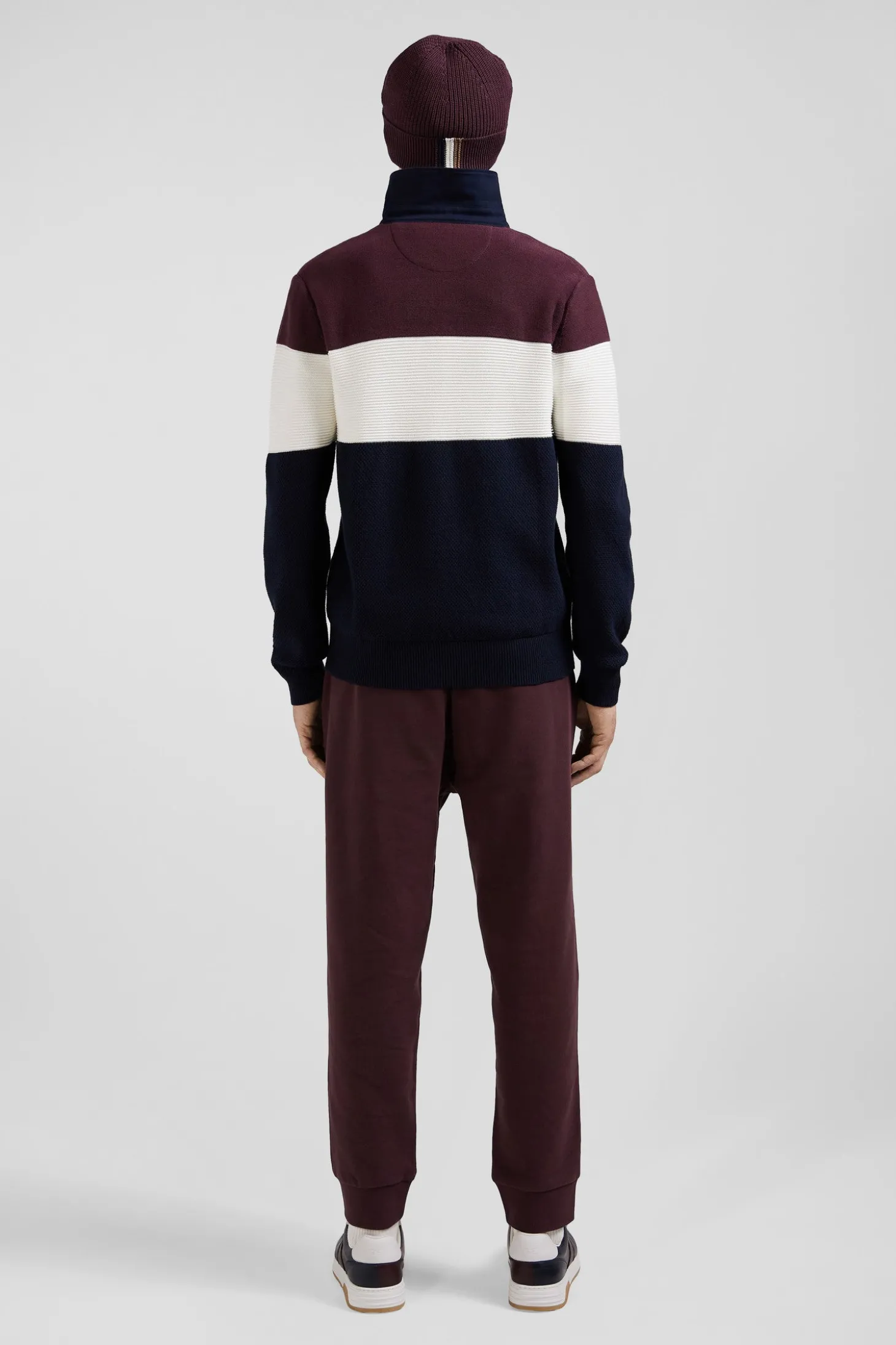 Pull col maillot en coton bordeaux à jeux de maille coupe Regular