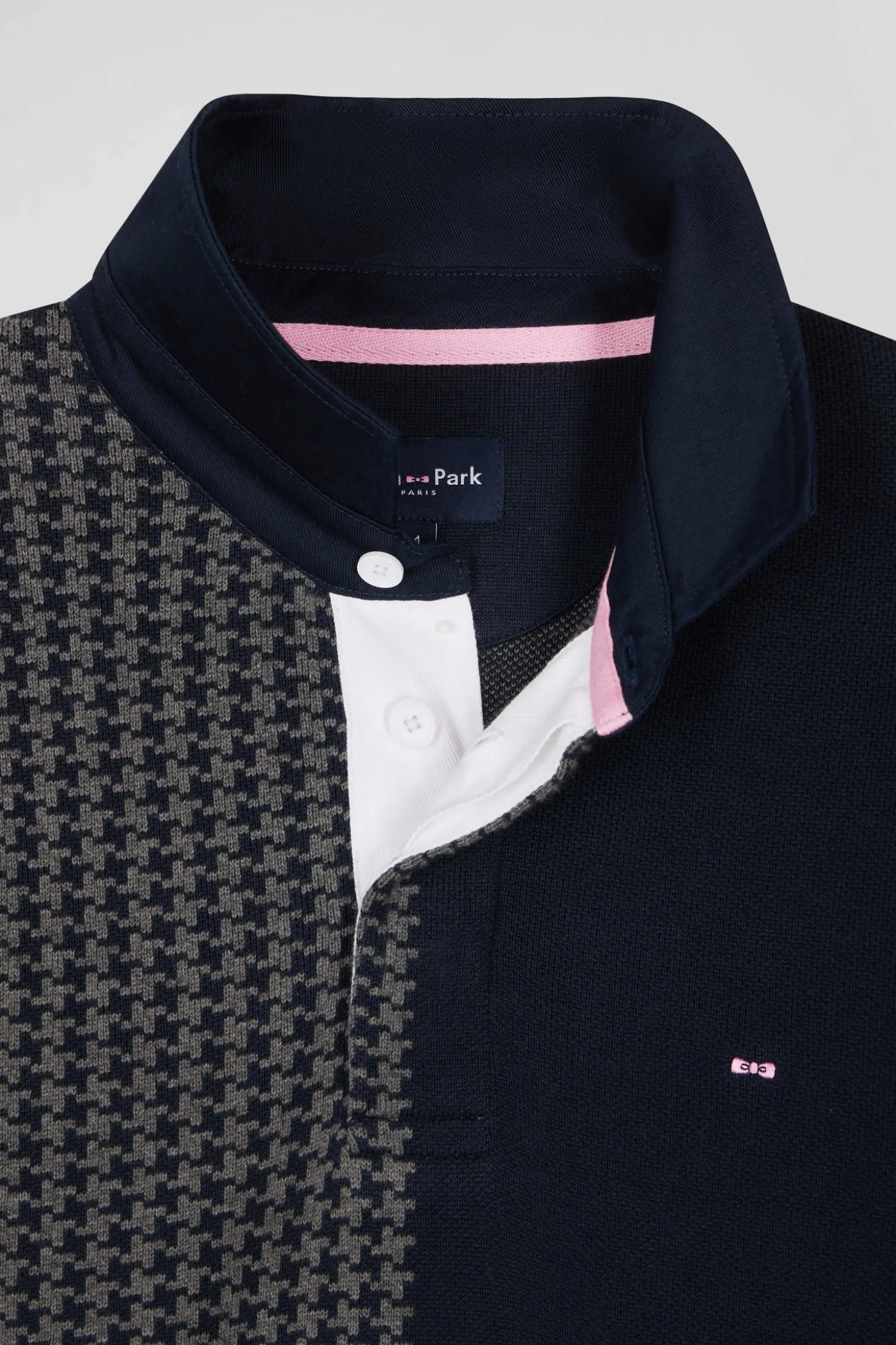 Pull col maillot en coton bleu marine coupe Regular jacquard pied-de-poule