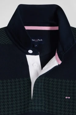 Pull col maillot en coton vert cerclé coupe Regular jacquard pied-de-poule