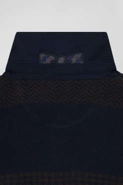 Pull col maillot en coton marron cerclé coupe Regular jacquard pied-de-poule