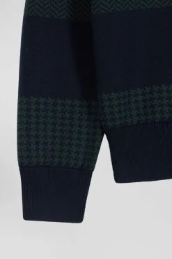 Pull col maillot en coton vert cerclé coupe Regular jacquard pied-de-poule