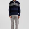 Pull col maillot rayé en laine et coton bleu marine coupe Regular