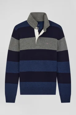 Pull col maillot rayé en laine et coton bleu marine coupe Regular