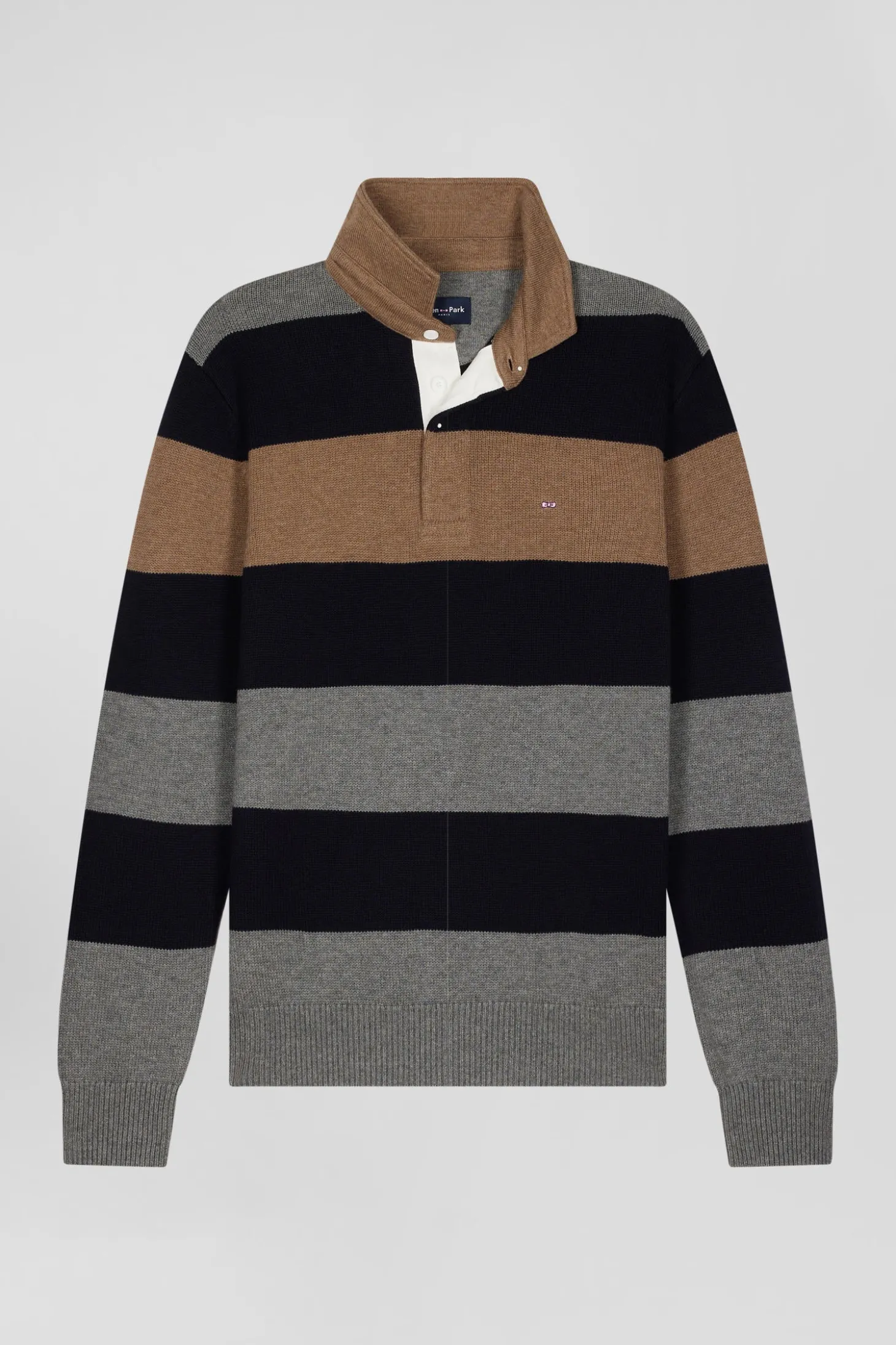 Pull col maillot rayé en laine et coton gris coupe Regular