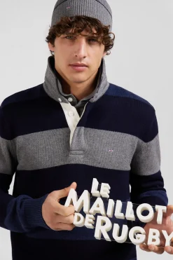 Pull col maillot rayé en laine et coton bleu marine coupe Regular