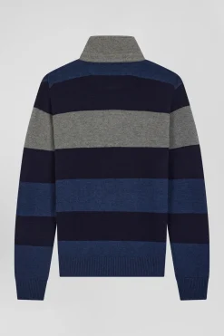 Pull col maillot rayé en laine et coton bleu marine coupe Regular