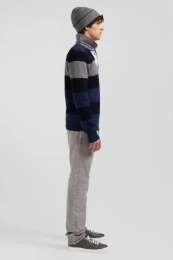 Pull col maillot rayé en laine et coton bleu marine coupe Regular
