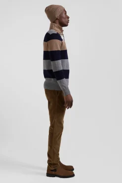 Pull col maillot rayé en laine et coton gris coupe Regular
