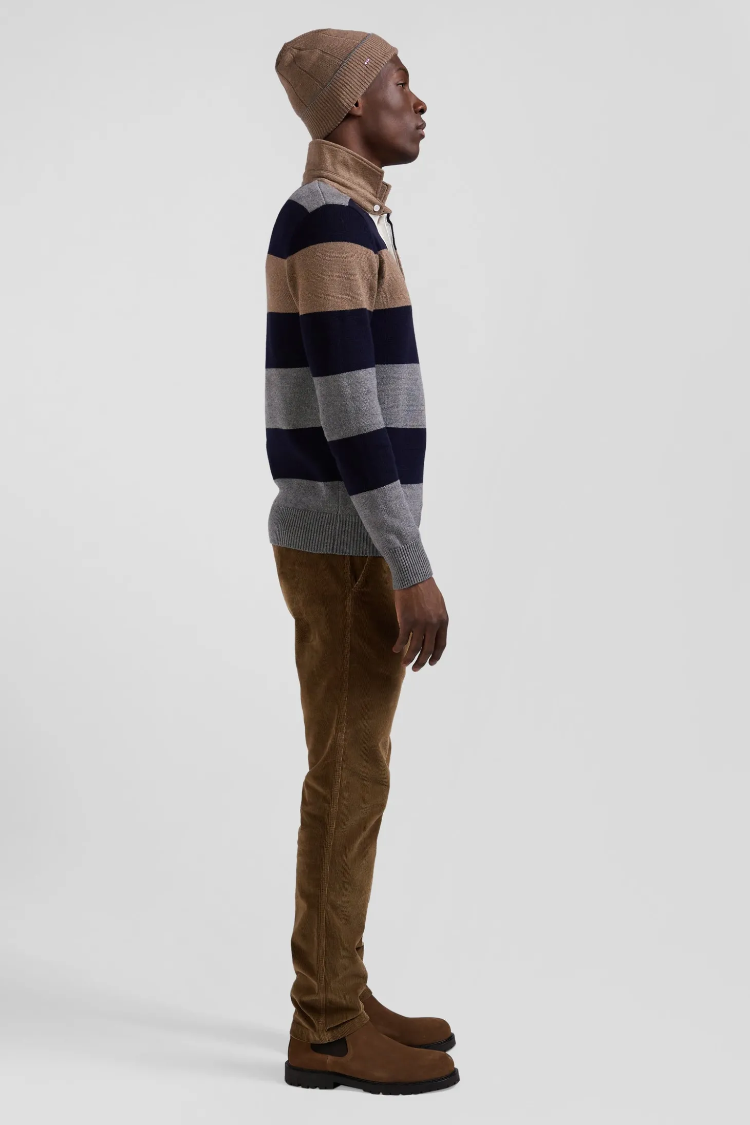 Pull col maillot rayé en laine et coton gris coupe Regular