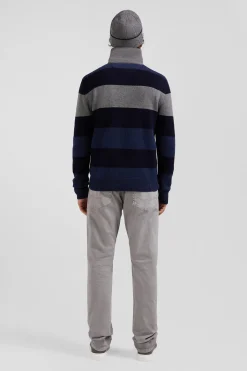 Pull col maillot rayé en laine et coton bleu marine coupe Regular