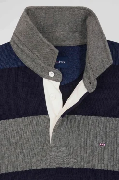 Pull col maillot rayé en laine et coton bleu marine coupe Regular