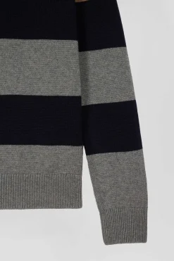 Pull col maillot rayé en laine et coton gris coupe Regular