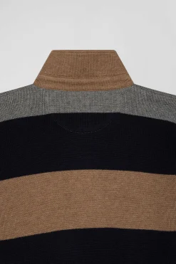 Pull col maillot rayé en laine et coton gris coupe Regular