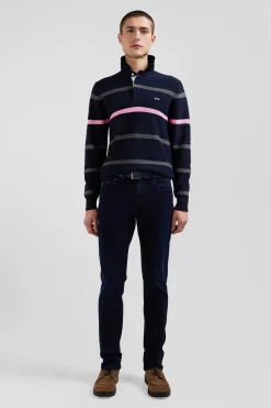 Pull col polo en coton bleu marine rayé coupe Regular