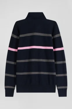 Pull col polo en coton bleu marine rayé coupe Regular