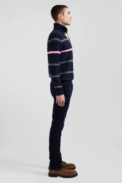 Pull col polo en coton bleu marine rayé coupe Regular