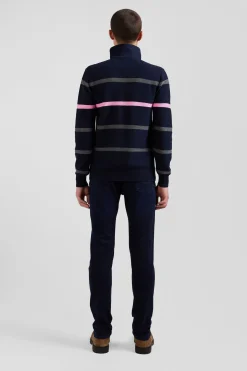 Pull col polo en coton bleu marine rayé coupe Regular