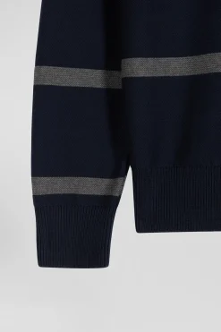 Pull col polo en coton bleu marine rayé coupe Regular