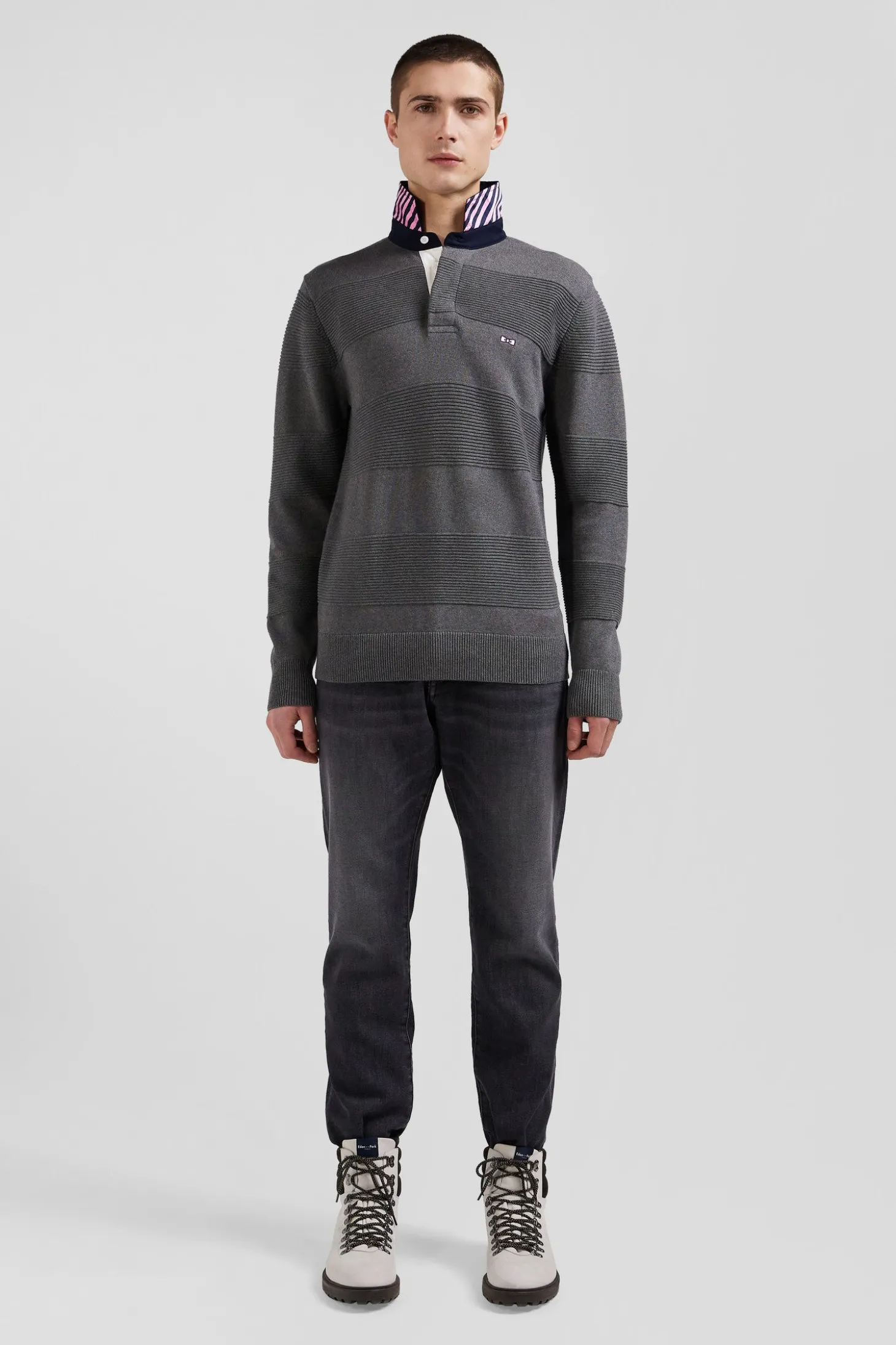 Pull col polo en coton gris anthracite coupe Regular