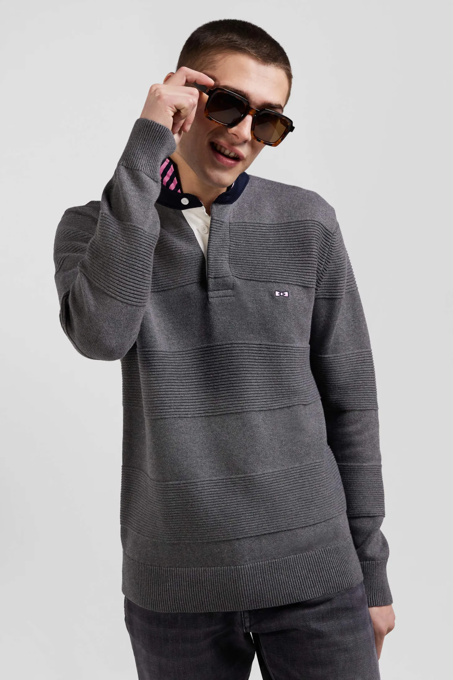 Pull col polo en coton gris anthracite coupe Regular