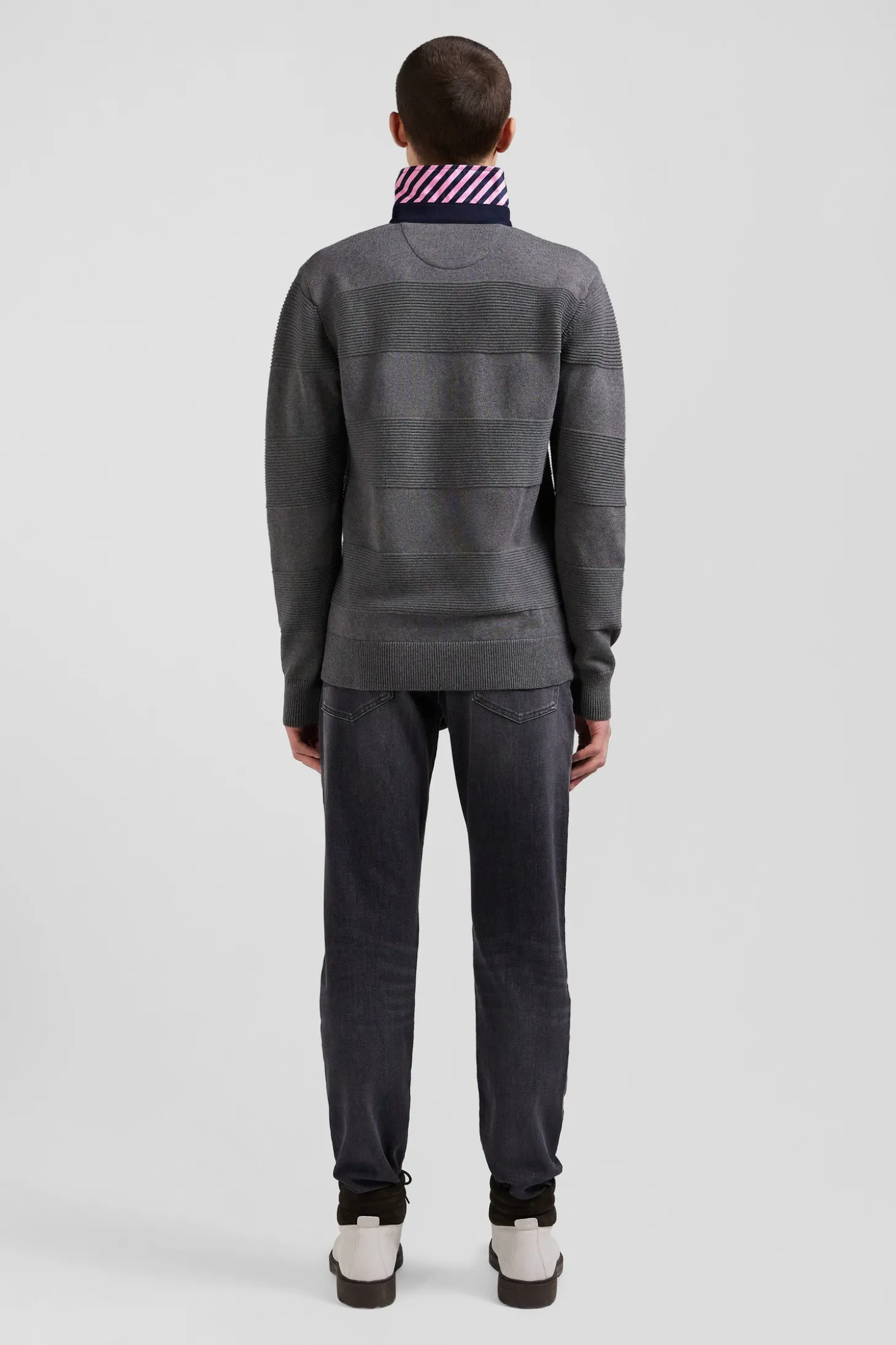 Pull col polo en coton gris anthracite coupe Regular