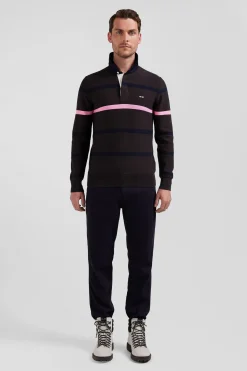 Pull col polo en coton marron rayé coupe Regular