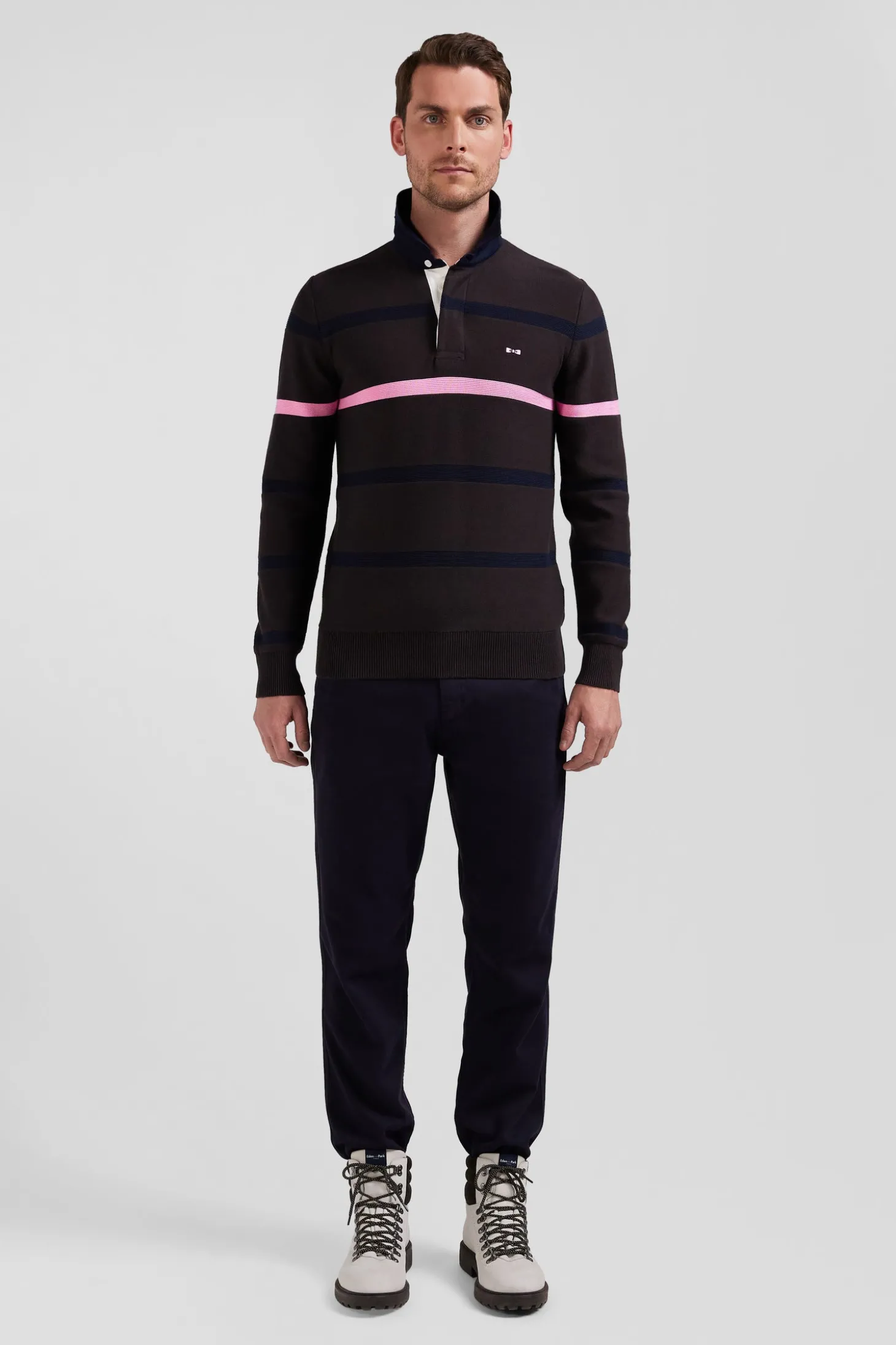 Pull col polo en coton marron rayé coupe Regular