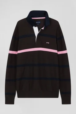 Pull col polo en coton marron rayé coupe Regular