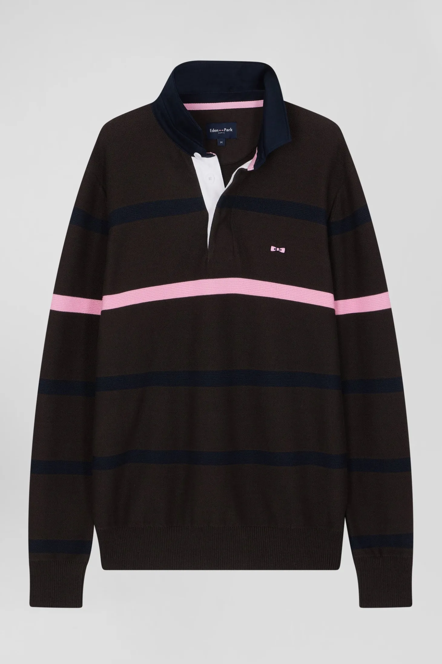 Pull col polo en coton marron rayé coupe Regular