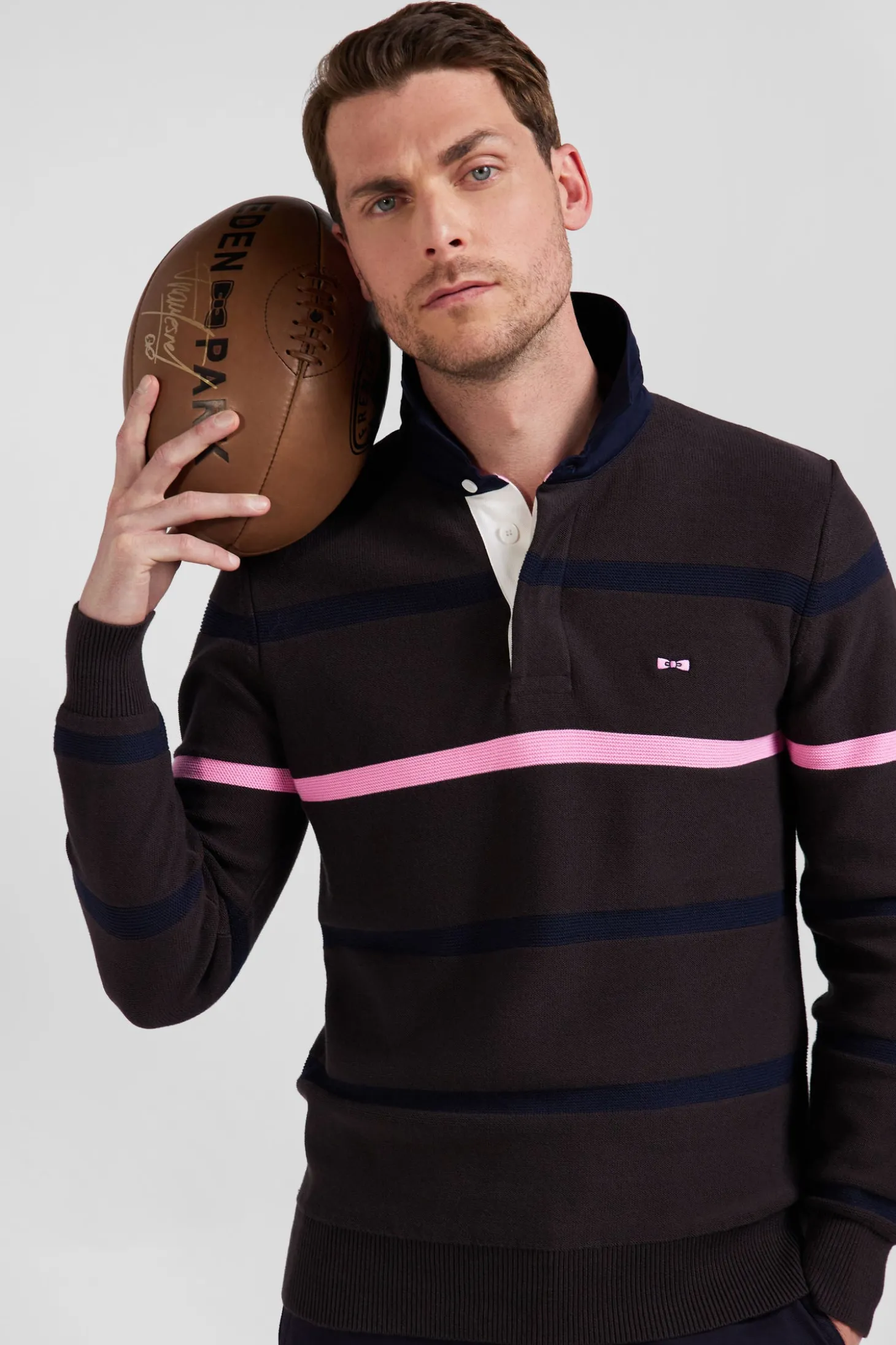 Pull col polo en coton marron rayé coupe Regular