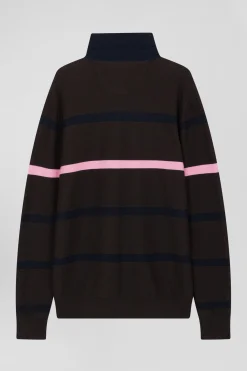 Pull col polo en coton marron rayé coupe Regular