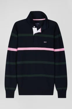 Pull col polo en coton vert rayé coupe Regular