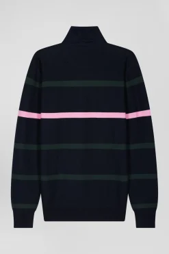 Pull col polo en coton vert rayé coupe Regular